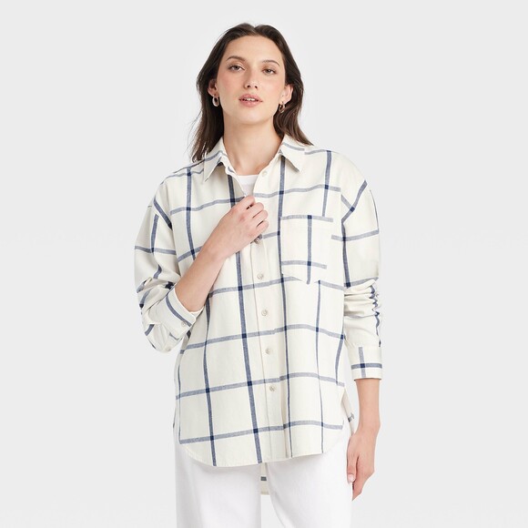 Universal Thread Tops - UNIVERSAL THREAD Oversized Flannel Long-Sleeve Button-Down, White Plaid, Large